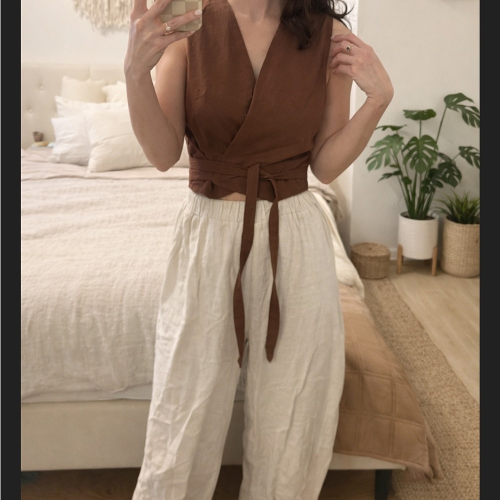 ASOS Brown Linen Tie Wrap Blouse